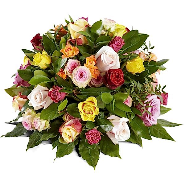 Rouwarrangement gemengde rozen, graftoef, grafstuk, afscheidsbloemen