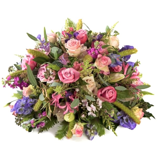 Rouwarrangement, afscheidsbloemenroze paars