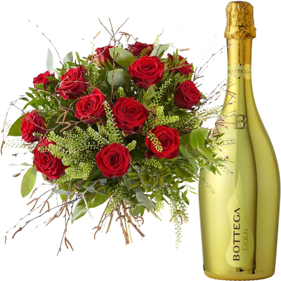A bouquet of lovely red roses and a bottle Prosecco